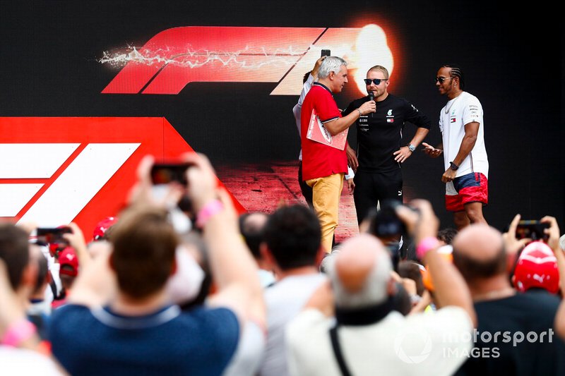 Valtteri Bottas, Mercedes AMG F1 and Lewis Hamilton, Mercedes AMG F1 on stage in the fan zone