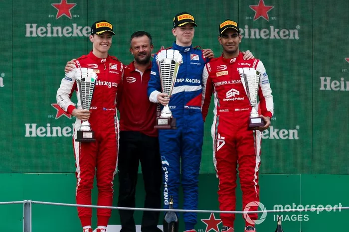 Marcus Armstrong, PREMA Racing, Race winner Robert Shwartzman, PREMA Racing and Jehan Daruvala, PREMA Racing on the podium