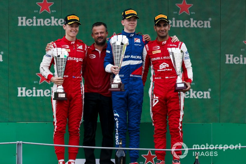 Marcus Armstrong, PREMA Racing, Race winner Robert Shwartzman, PREMA Racing and Jehan Daruvala, PREMA Racing on the podium