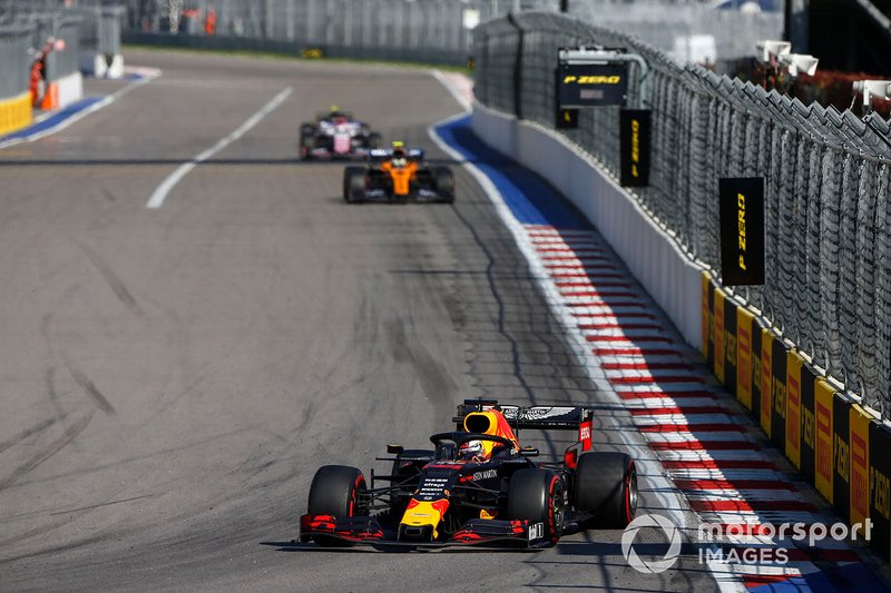Max Verstappen, Red Bull Racing RB15, leads Lando Norris, McLaren MCL34