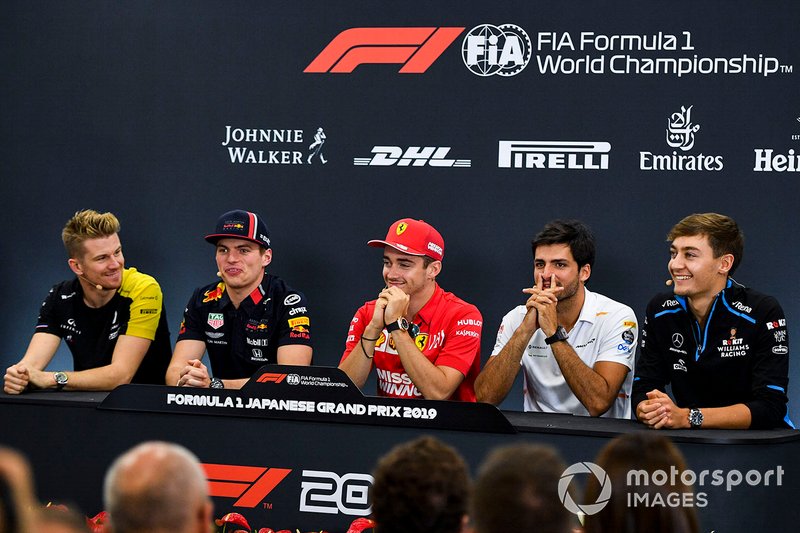 Nico Hulkenberg, Renault F1 Team, Max Verstappen, Red Bull Racing, Charles Leclerc, Ferrari, Carlos Sainz Jr., McLaren et George Russell, Williams Racing, en conférence de presse