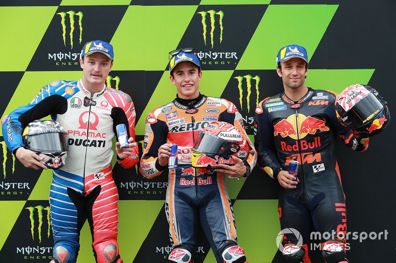 Pole sitter Marc Marquez, Repsol Honda Team, second place Jack Miller, Pramac Racing, third place Johann Zarco, Red Bull KTM Factory Racing