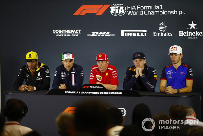 Carlos Sainz Jr., Renault Sport F1 Team, Sergio Perez, Force India, Kimi Raikkonen, Ferrari, Max Verstappen, Red Bull Racing, and Pierre Gasly, Toro Rosso, in the Thursday press conference.