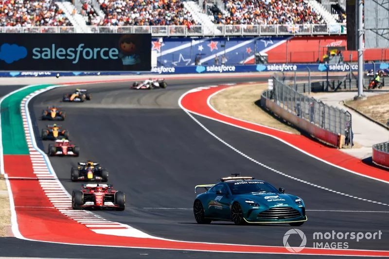The safety car Charles Leclerc, Ferrari SF-24, Max Verstappen, Red Bull Racing RB20, Carlos Sainz, Ferrari SF-24, the rest of the field