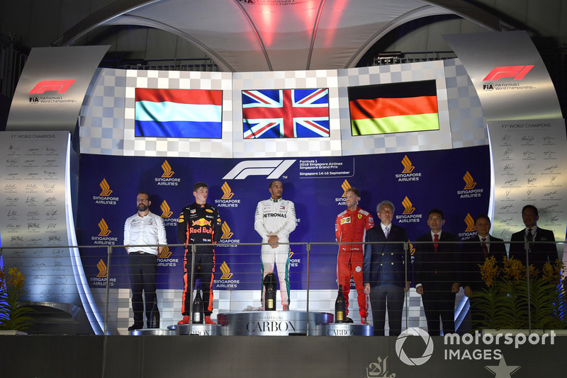 Max Verstappen, Red Bull Racing, Lewis Hamilton, Mercedes AMG F1 and Sebastian Vettel, Ferrari on the podium
