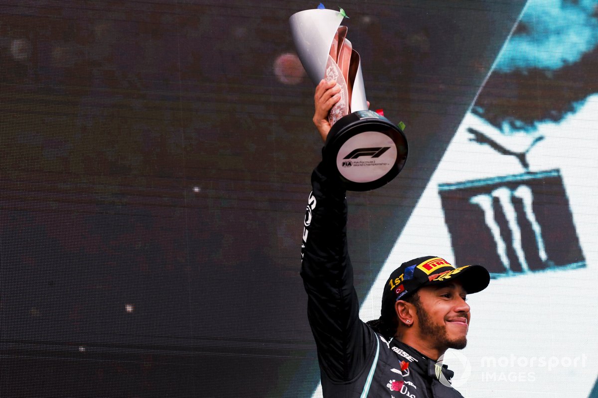 Seven times world drivers champion Lewis Hamilton, Mercedes-AMG F1, 1st position, lifts his trophy on the podium