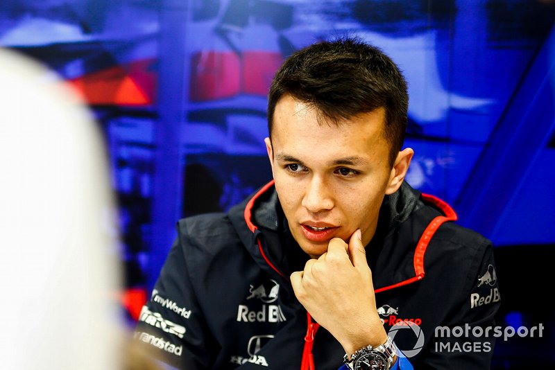 Alexander Albon, Toro Rosso speaks with the media