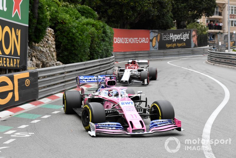 Sergio Perez, Racing Point RP19, leads Kimi Raikkonen, Alfa Romeo Racing C38
