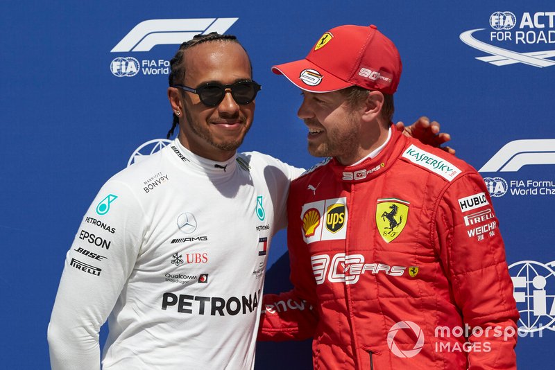 Front row starters Lewis Hamilton, Mercedes AMG F1, and pole man Sebastian Vettel, Ferrari