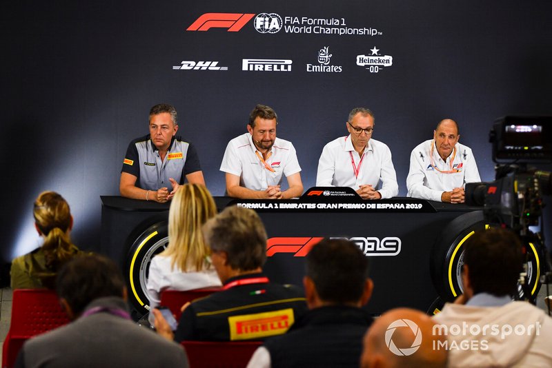 Mario Isola, Racing Manager, Pirelli Motorsport, Steve Nielsen, Stefano Domenicali and Bruno Michel in Press Conference for new F2 tyres