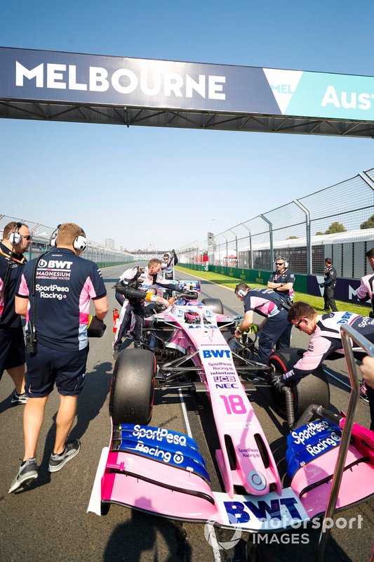 Lance Stroll, Racing Point RP19, arrives on the grid