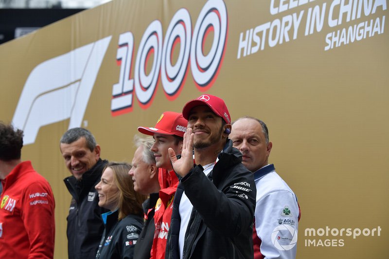 Guenther Steiner, Team Principal, Haas F1, Claire Williams, Deputy Team Principal, Williams Racing, Gene Haas, Owner and Founder, Haas F1, Charles Leclerc, Ferrari, Frederic Vasseur, Team Principal, Alfa Romeo Racing, and Lewis Hamilton, Mercedes AMG F1