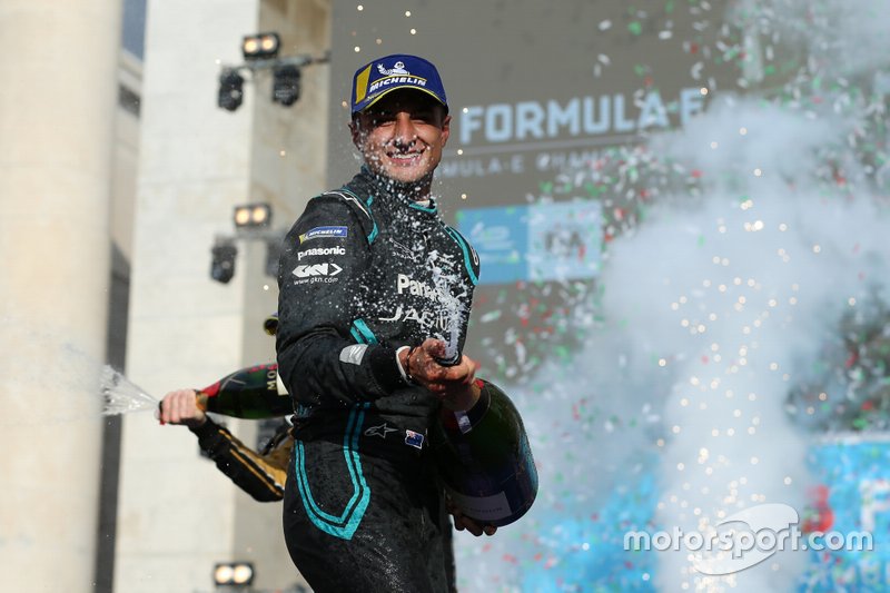 Mitch Evans, Panasonic Jaguar Racing, 1st position, celebrates on the podium