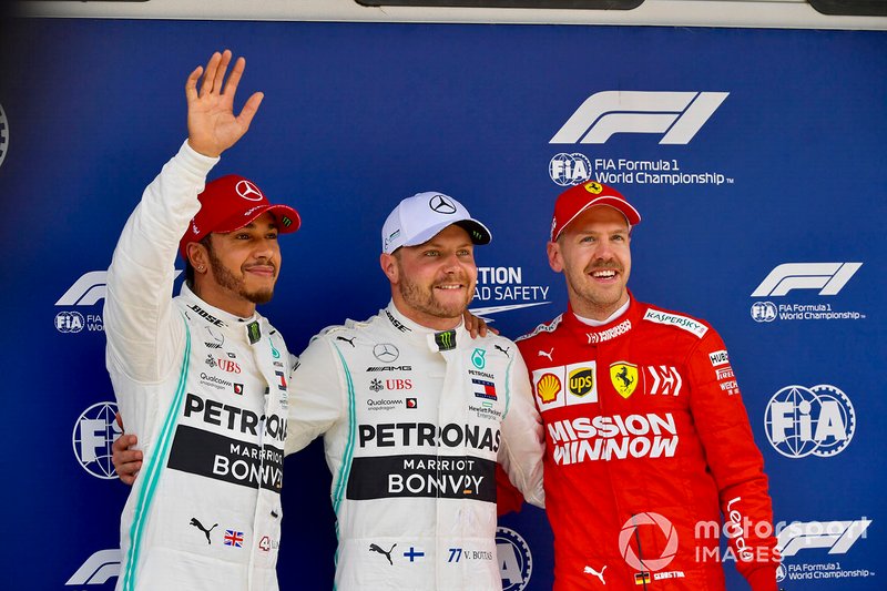 Top three qualifiers Lewis Hamilton, Mercedes AMG F1, pole man Valtteri Bottas, Mercedes AMG F1, and Sebastian Vettel, Ferrari