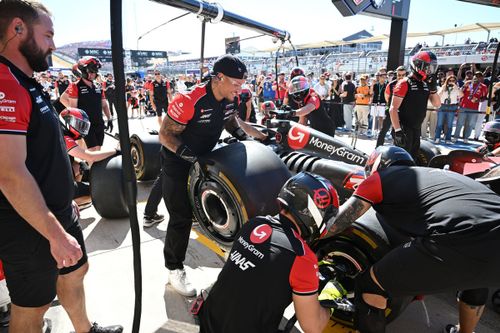 Kane Brown takes part in Haas F1 pit stop practice