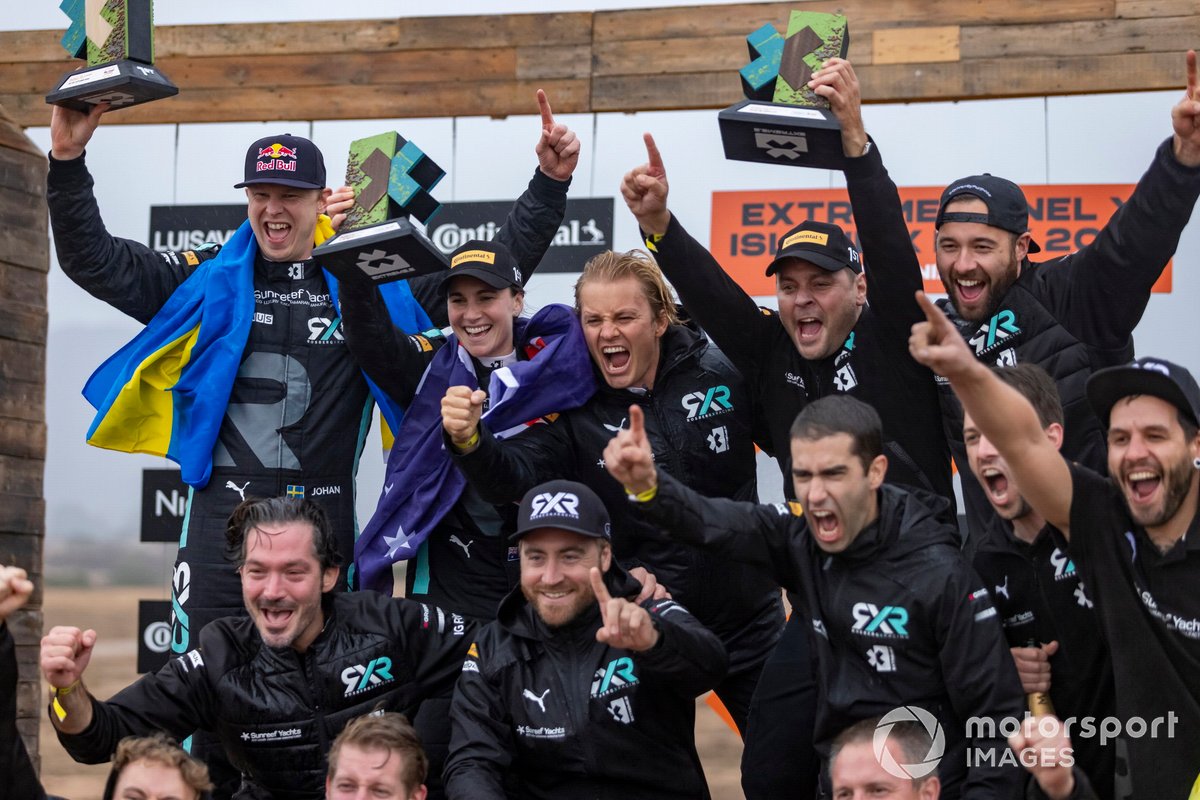 Johan Kristoffersson, Rosberg X Racing, and Molly Taylor, Rosberg X Racing, 1st position, celebrate with Nico Rosberg, founder and CEO, Rosberg X Racing, and the team on the podium