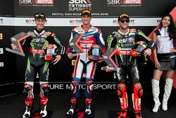 Second place Jonathan Rea, Kawasaki Racing Team, polesitter Michael van der Mark, Honda WSBK Team and third place Tom Sykes, Kawasaki Racing Team
