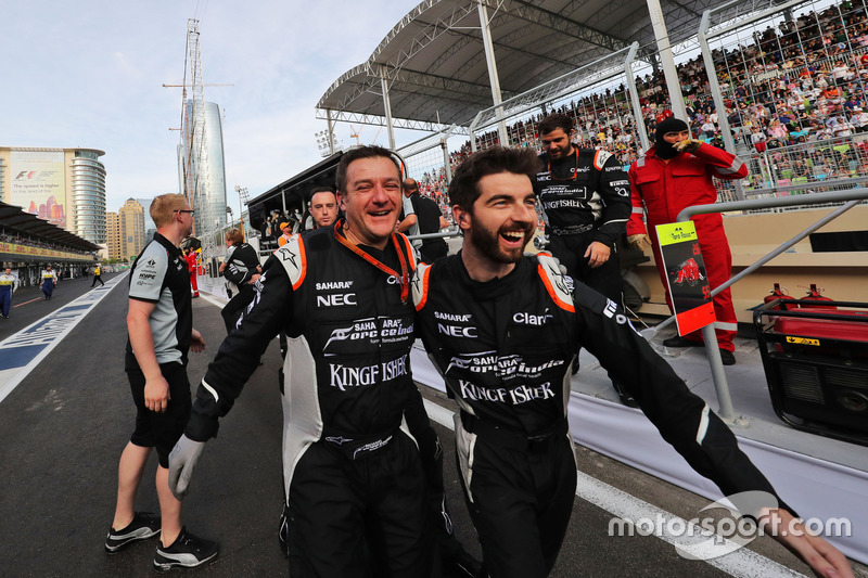 The Sahara Force India F1 Team celebrate third position for Sergio Perez, Sahara Force India F1 at t