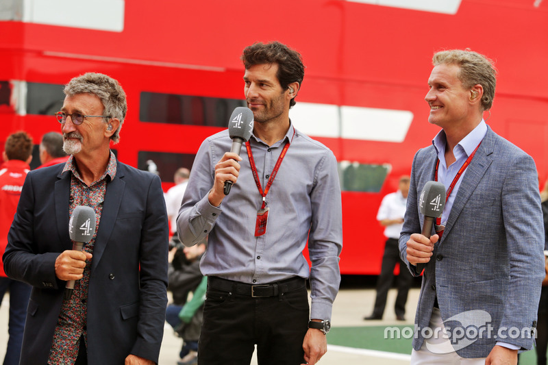 (L to R): Eddie Jordan with Mark Webber, Porsche Team WEC Driver / Channel 4 Presenter and David Coulthard, Red Bull Racing and Scuderia Toro Advisor / Channel 4 F1 Commentator