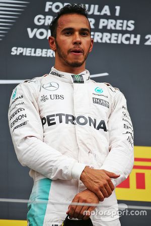 Race winner Lewis Hamilton, Mercedes AMG F1 celebrates on the podium