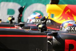 Max Verstappen, Red Bull Racing RB12 celebrates with team mate and race winner Daniel Ricciardo, Red Bull Racing RB12 at the end of the race