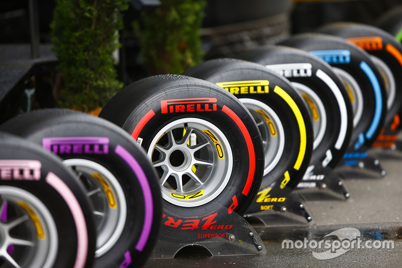 The full range of Pirelli tyres on display in the paddock