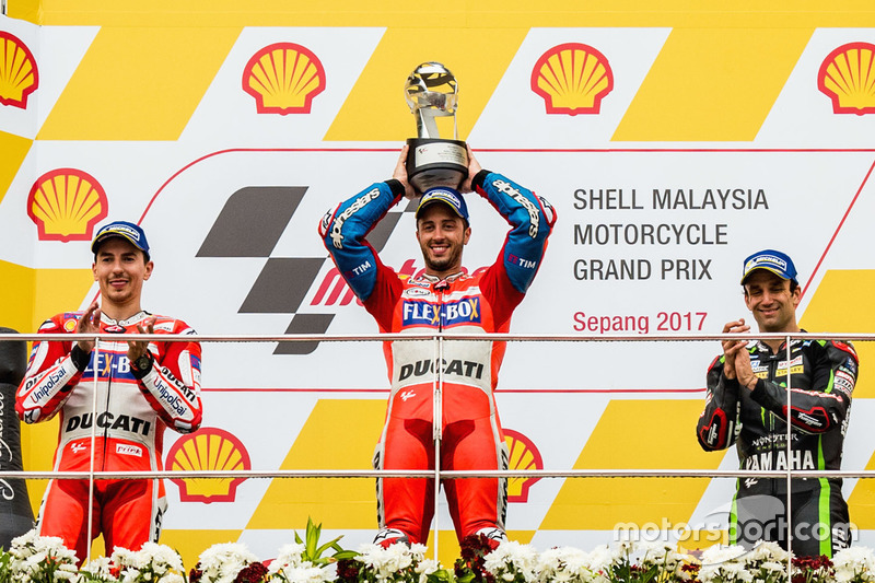 Podium: race winner Andrea Dovizioso, Ducati Team, second place Jorge Lorenzo, Ducati Team, third place Johann Zarco, Monster Yamaha Tech 3