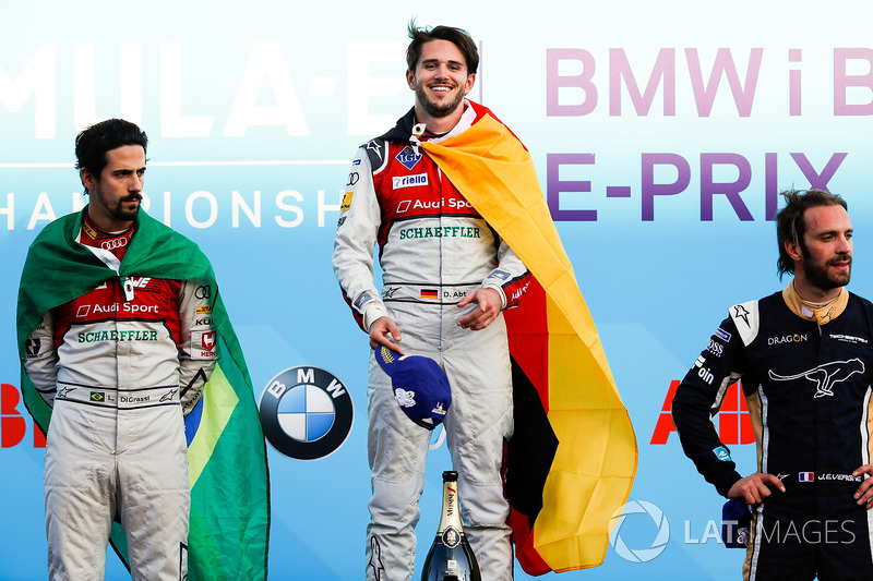 Jean-Eric Vergne, Techeetah, places 3rd, Lucas di Grassi, Audi Sport ABT Schaeffler, places 2nd, Daniel Abt, Audi Sport ABT Schaeffler, wins the Berlin ePrix