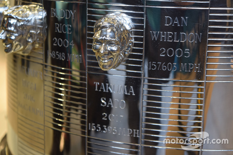 Takuma Sato's face embedded in Warner Borg Trophy