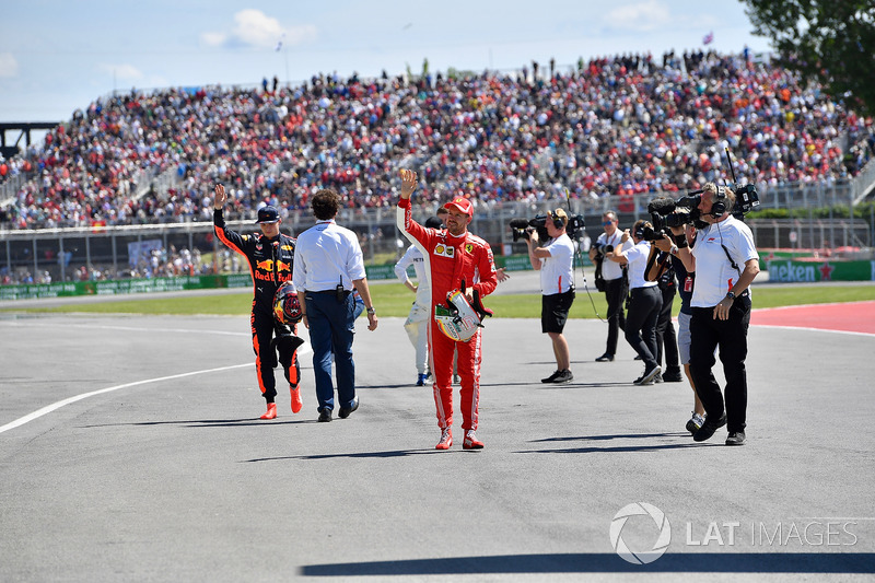 Pole sitter Sebastian Vettel, Ferrari celebrates in parc ferme