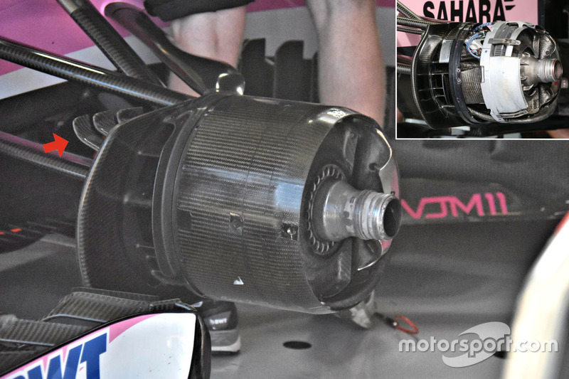 Force India VJM11 brake caliper rear detail