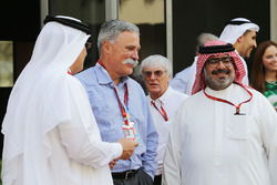 Sheikh Mohammed bin Essa Al Khalifa, CEO of the Bahrain Economic Development Board and McLaren Shareholder with Chase Carey, Formula One Group Chairman and Muhammed Al Khalifa, Bahrain Circuit Chairman