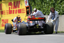 The car of race retiree Max Verstappen, Red Bull Racing RB13 is recovered