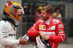 Sebastian Vettel, Ferrari, congratulates Lewis Hamilton, Mercedes AMG, in Parc Ferme