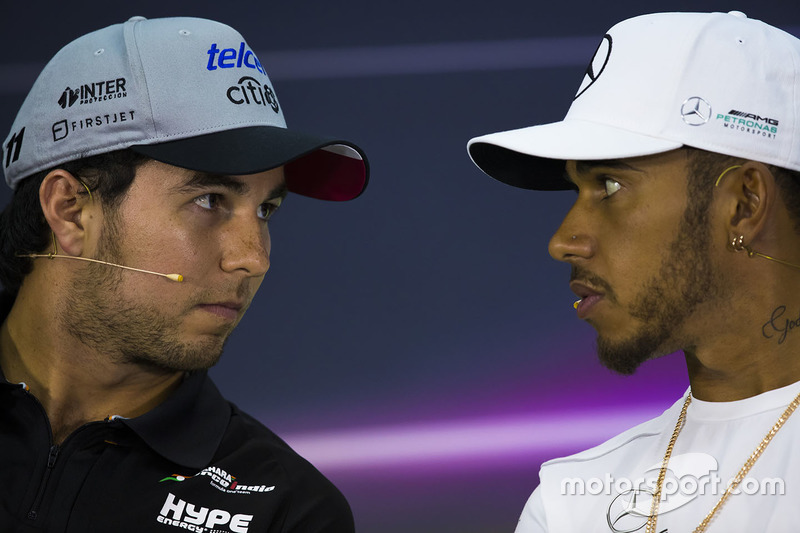 Sergio Pérez, Force India, and Lewis Hamilton, Mercedes AMG, in the press conference
