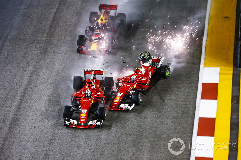 Sebastian Vettel, Ferrari SF70H, Max Verstappen, Red Bull Racing RB13, Kimi Raikkonen, Ferrari SF70H, collide at the start