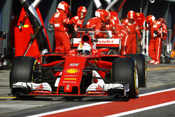 Sebastian Vettel, Ferrari SF70H, makes a pit stop