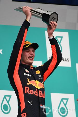 Race winner Max Verstappen, Red Bull Racing celebrates on the podium, the trophy