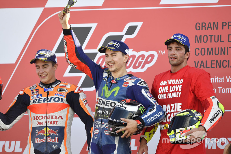 Podium: race winner Jorge Lorenzo, Yamaha Factory Racing, second place Marc Marquez, Repsol Honda Team, third place Andrea Iannone, Ducati Team