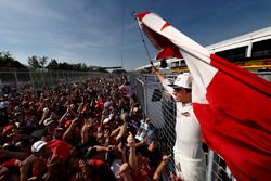 Lance Stroll, Williams, celebrates, fans after scoring his first points in F1, at his home race