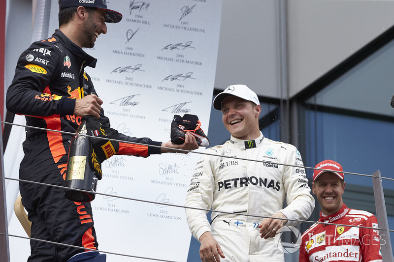 Ricciardo fue tercero en Austria 2017 y le ofreció a Valtteri Bottas, el ganador, beber