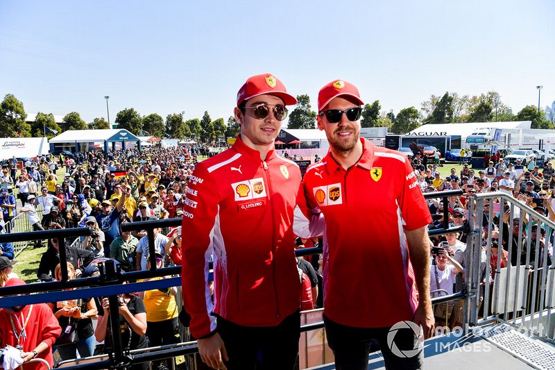 Sebastian Vettel, Ferrari and Charles Leclerc, Ferrari, arrive for the autograph session 