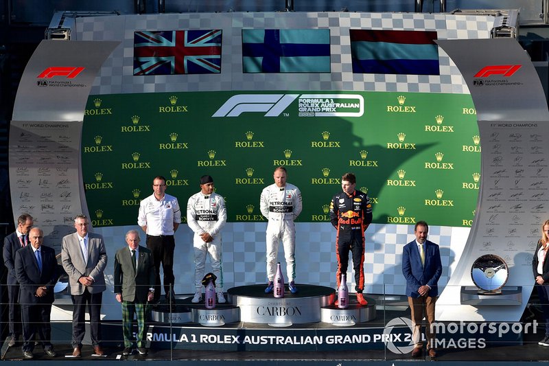 Lewis Hamilton, Mercedes AMG F1, 2nd position, Valtteri Bottas, Mercedes AMG F1, 1st position, and Max Verstappen, Red Bull Racing, 3rd position, on the podium