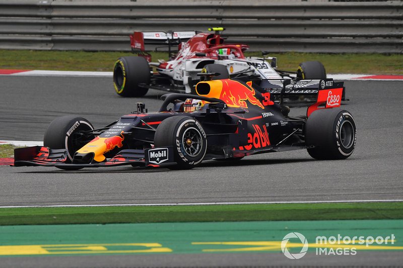 Max Verstappen, Red Bull Racing RB15, leads Antonio Giovinazzi, Alfa Romeo Racing C38