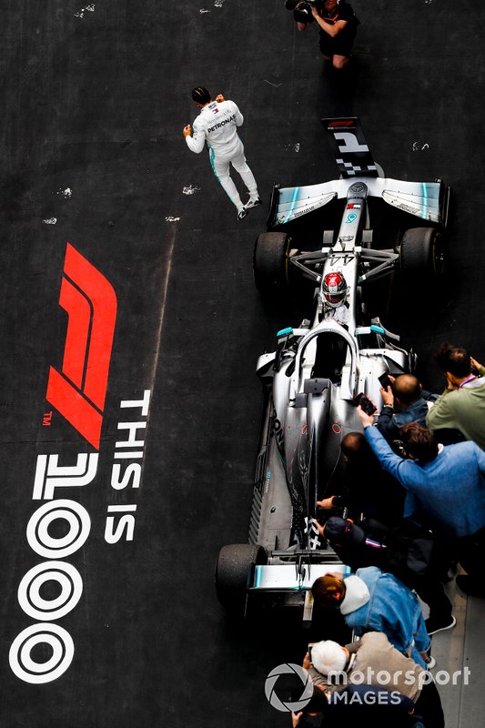 Lewis Hamilton, Mercedes AMG F1, 1st position, celebrates on arrival in Parc Ferme