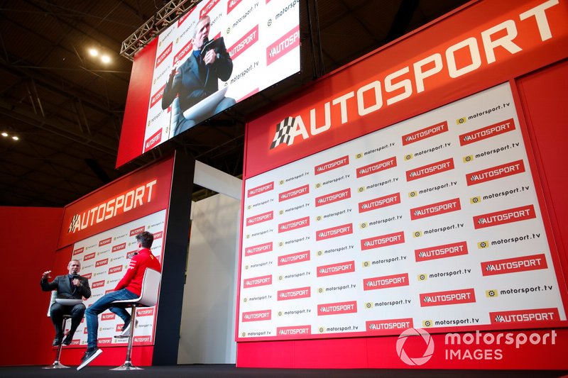 Presenter Stuart Codling interviews Charles Leclerc, Ferrari on the Autosport stage