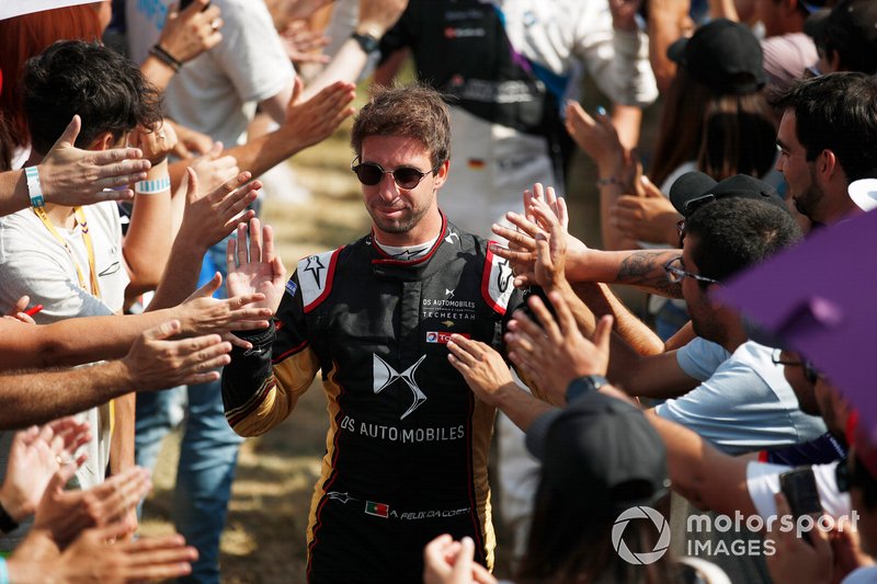 Antonio Felix da Costa, DS Techeetah, 2nd position, celebrates with fans on the way to the podium