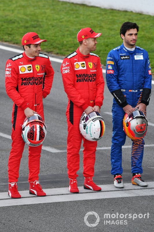 Charles Leclerc, Ferrari, Sebastien Vettel, Ferrari and Carlos Sainz, McLaren