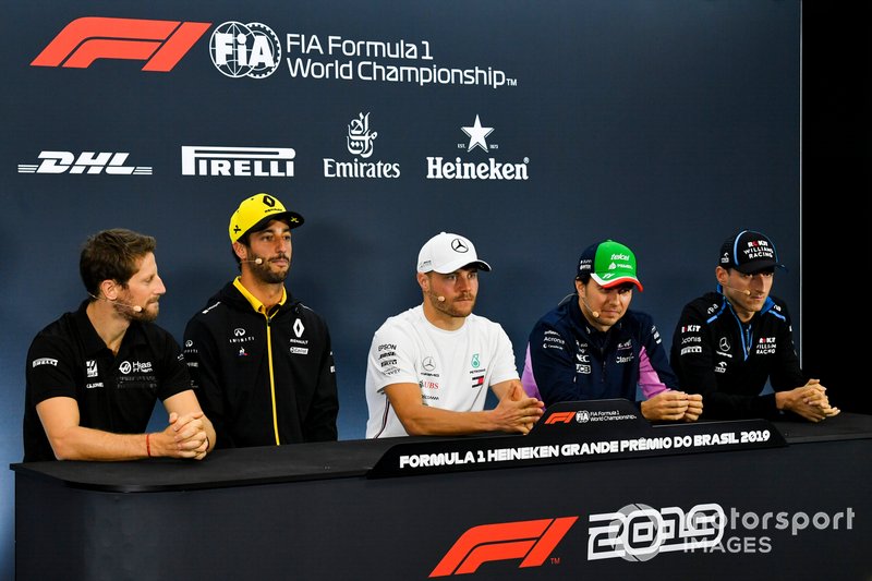 Romain Grosjean, Haas F1, Daniel Ricciardo, Renault F1 Team, Valtteri Bottas, Mercedes AMG F1, Sergio Perez, Racing Point and Robert Kubica, Williams Racing in the Press Conference 