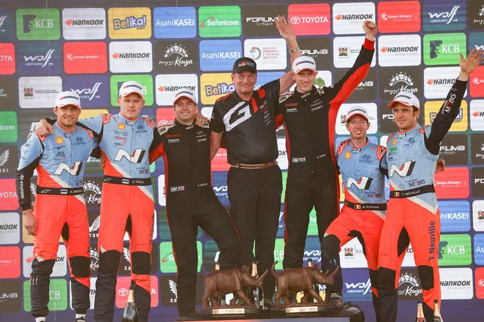 Podium: Winner Elfyn Evans, Scott Martin, Toyota Gazoo Racing WRT Toyota GR Yaris Rally1, second place Ott Tänak, Martin Järveoja, Hyundai World Rally Team Hyundai i20 N Rally1, third place Thierry Neuville, Martijn Wydaeghe, Hyundai World Rally Team Hyun